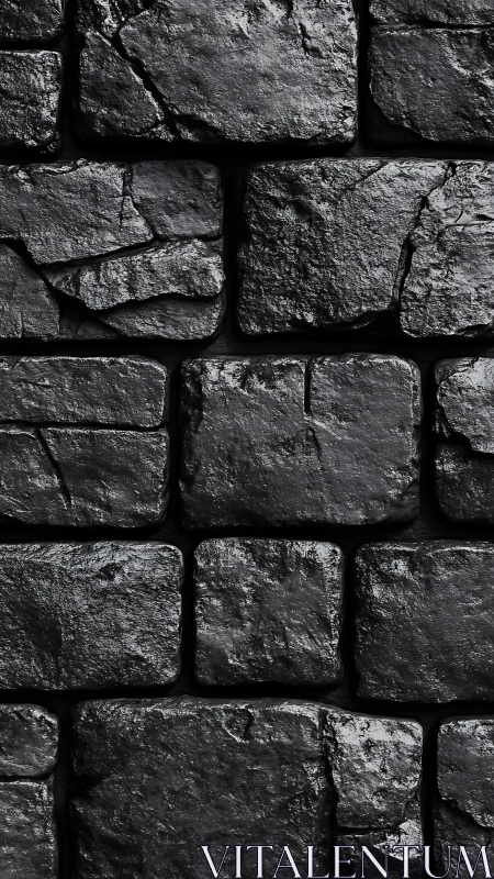Wet textured black stone masonry wall with hard side lighting.