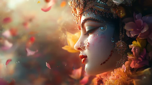 Ornate floral goddess profile with glowing jeweled adornments.