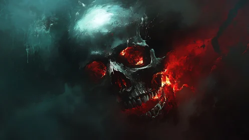 Burning crimson skull in dark swirling smoke field.