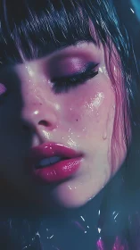 Luminous close-up portrait in cool neon wet-lighting glow.