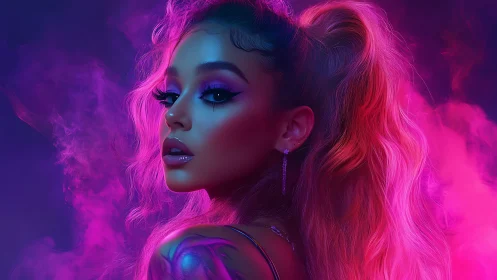 Neon dream girl glowing in soft pink and purple light.