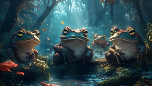 Digital painting of luminous frogs in enchanted forest glade.