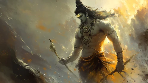 Radiant warrior of light walking through swirling stormfire.