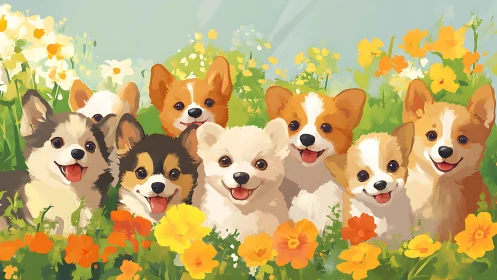 Playful corgi puppies sit together in bright flower meadow