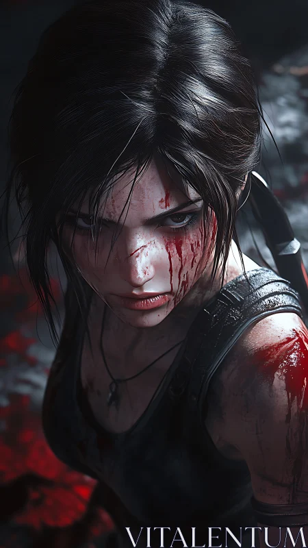 Battle-hardened heroine pauses with fierce, determined focus