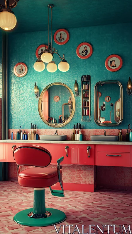 Retro 3D salon interior with teal walls and coral fixtures.