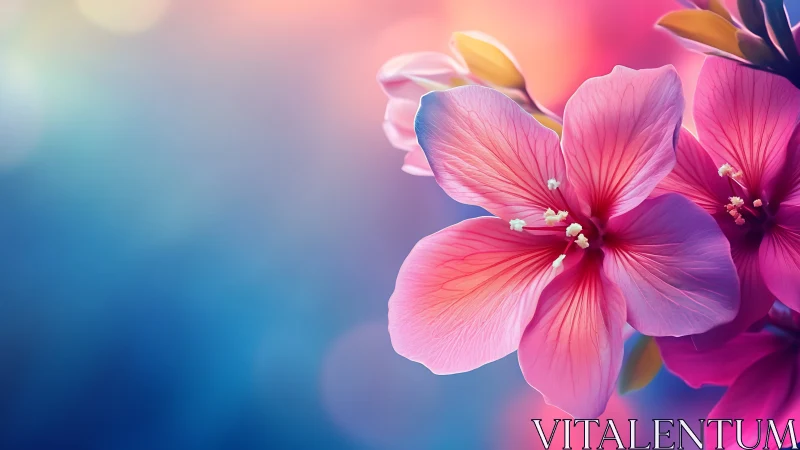 Pink petals dance through twilight's luminous gradient symphony