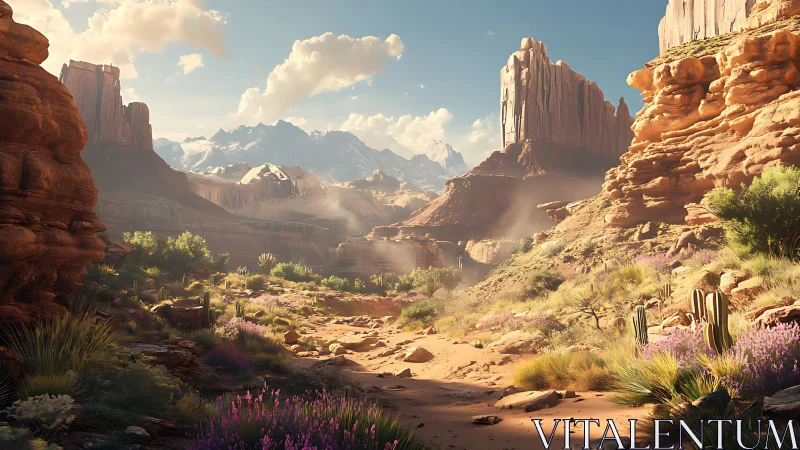 Sunlit desert canyon trail with wildflowers and distant peaks.