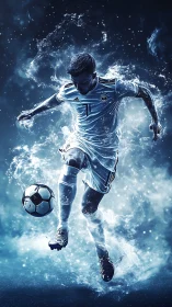 Soccer player in mid-air kick with abstract blue effects.