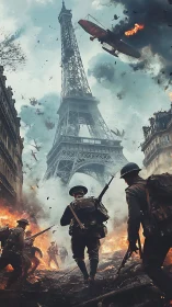 Eiffel Tower under firestorm skies in alternate war torn Paris.