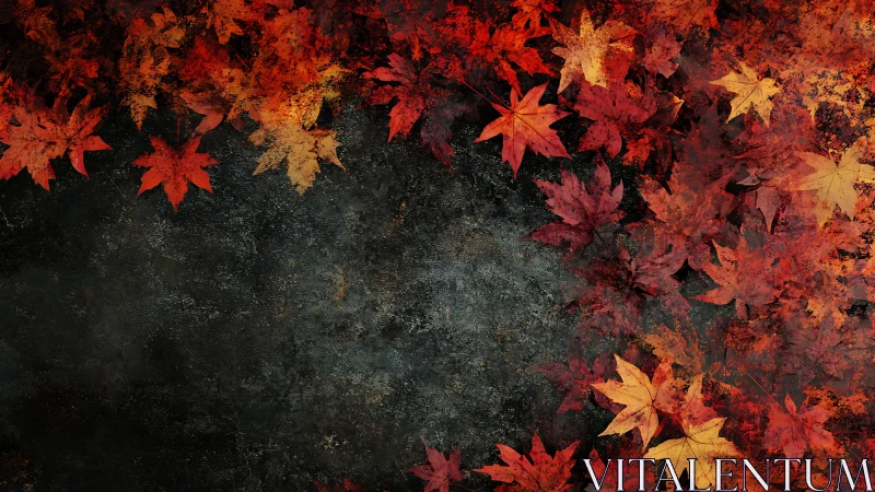 Crimson maple leaves quietly frame a weathered stone dusk