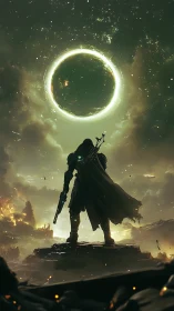 Armored figure observing luminous ring above ruined terrain.