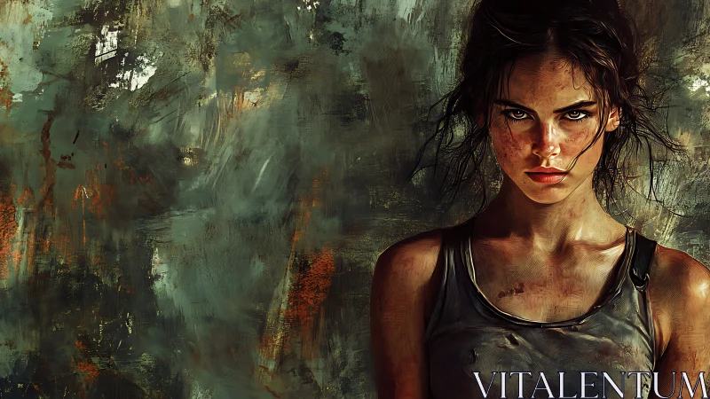 Defiant young woman against abstract grunge backdrop in digital painting