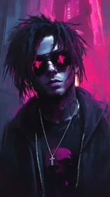 Neon-lit cyberpunk portrait with glitch-crossed sunglasses.