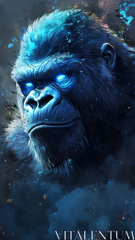 Digital painting of luminous blue cyber-simian portrait profile.