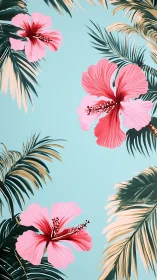 Pink hibiscus flowers with tropical palm fronds arranged on light blue background