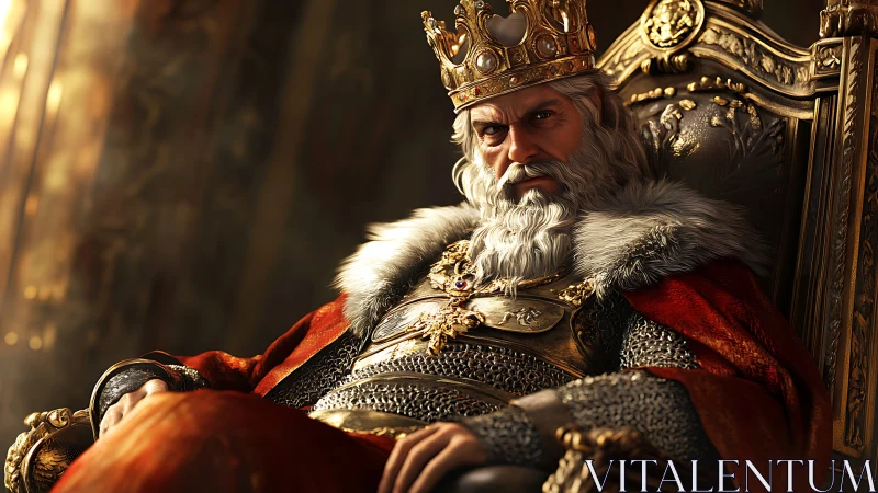 Stern medieval king rests on gilded throne in warm light.