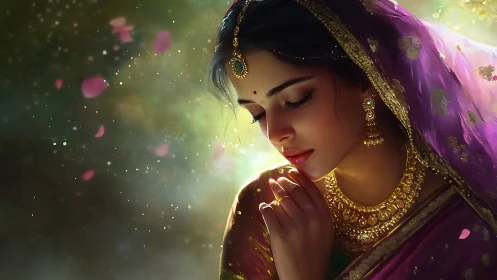 Soft petals orbit a jeweled bride lost in quiet reverie