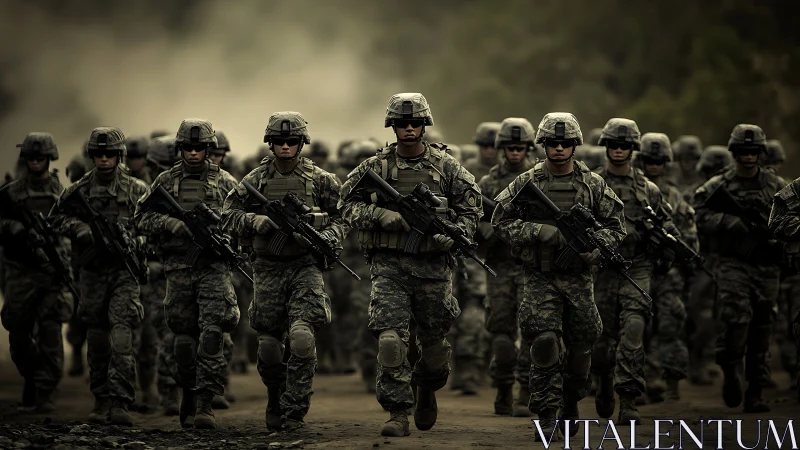 Modern infantry unit advancing along dusty outdoor terrain.