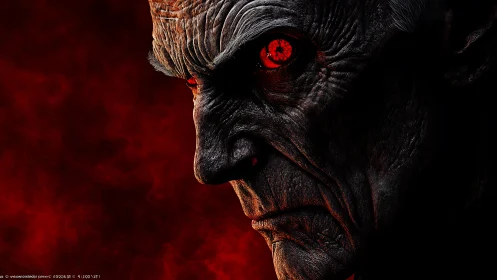 Brooding red-eyed fiend against swirling ember shadows.