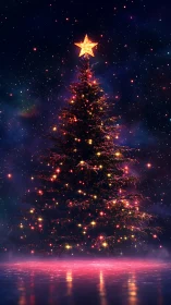 Glowing Christmas tree under starry night sky scene.