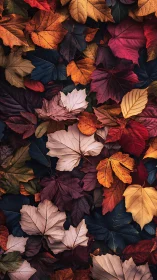 Layered autumn foliage in rich contrasting hues artwork.