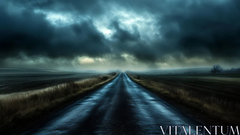 Vanishing wet roadway under turbulent pre-storm cumulonimbus sky.