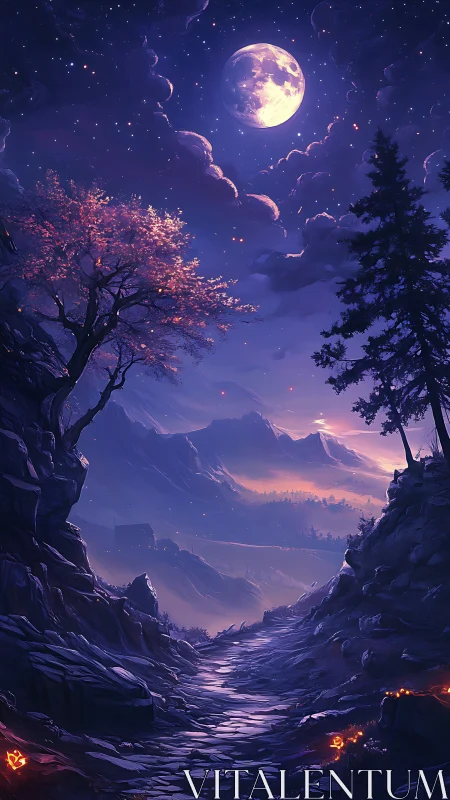 Moonlit mountain valley path under deep indigo night sky