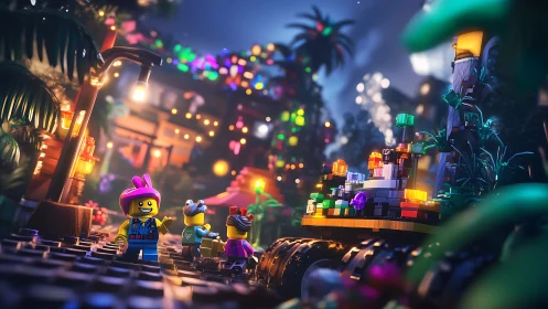 Lego minifigures explore vibrant night festival street