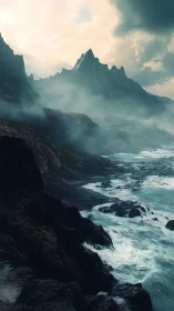 Storm-kissed cliffs cradle misty mountains and wild surf.