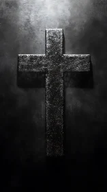 Weathered black cross carved from shadow and silvered light.