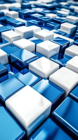 Glossy blue data blocks marching in mirrored rhythm.