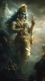 Divine warrior striding through misted temple ruins at dusk.