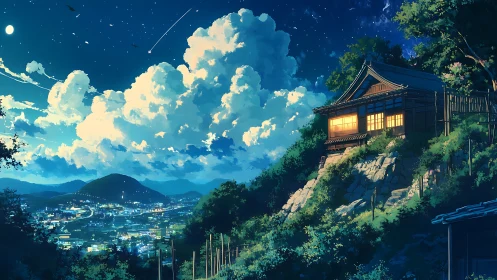Hilltop house above glowing town under starry night sky.