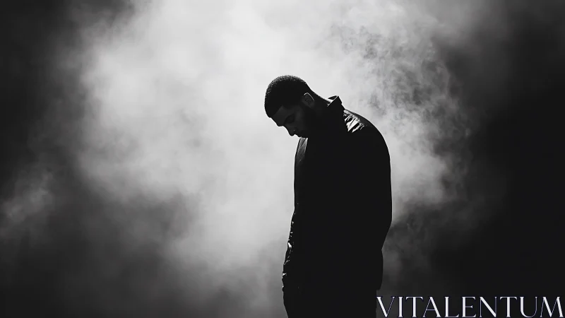 Solitary figure bows in quiet reflection within drifting mist