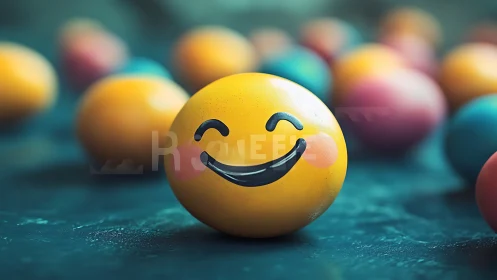 Smiling yellow emoji ball radiates joy among soft colors
