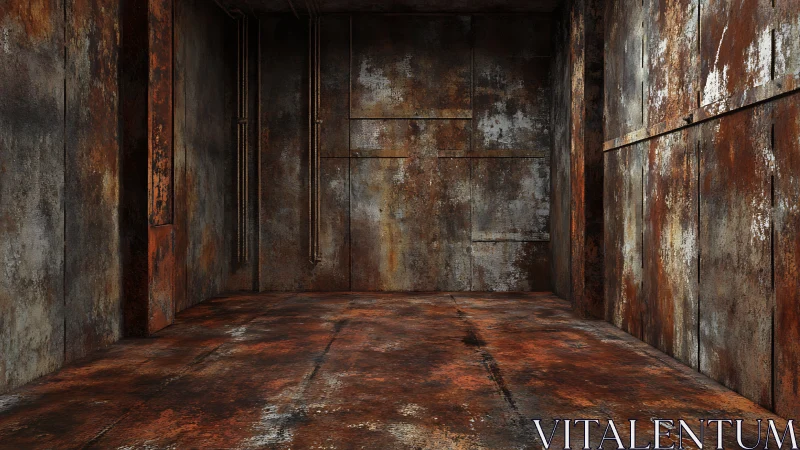 Heavily corroded industrial steel chamber with aging patina