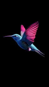Glowing hummingbird in flight with neon blue and pink wings.