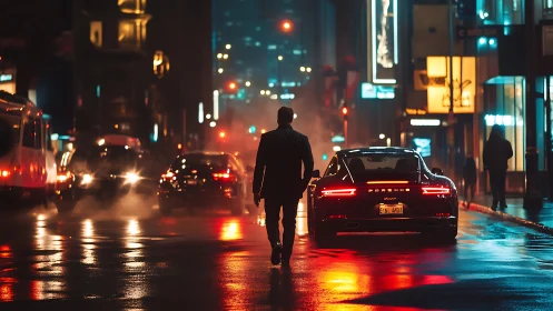Urban nightwalker beside sports car in neon wet streetscape.