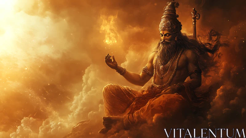 Seated mythic figure holds flame within dense clouded scene