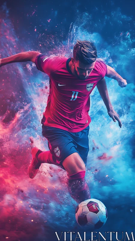 Dynamic soccer midfielder explodes through neon vapor field