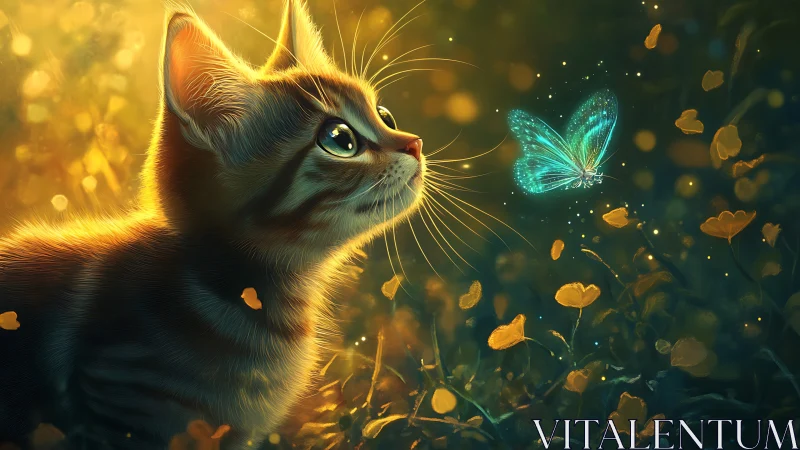 Backlit tabby kitten studies glowing cyan butterfly in bokeh field
