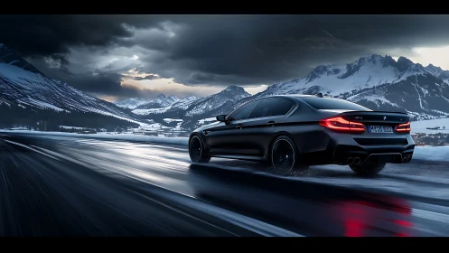 Black sports sedan powers through icy alpine highway at dusk.