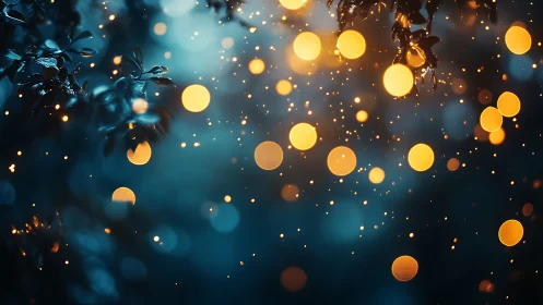 Out-of-focus warm light orbs float before dark foliage