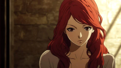 Red haired anime woman gazes forward in chiaroscuro lighting