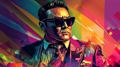 Confident man in vivid neon suit and sunglasses portrait.