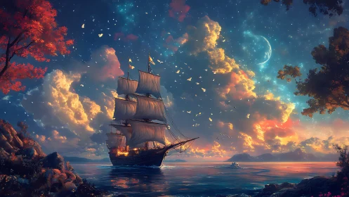 Digital painting seascape with luminous clouds and tall ship.