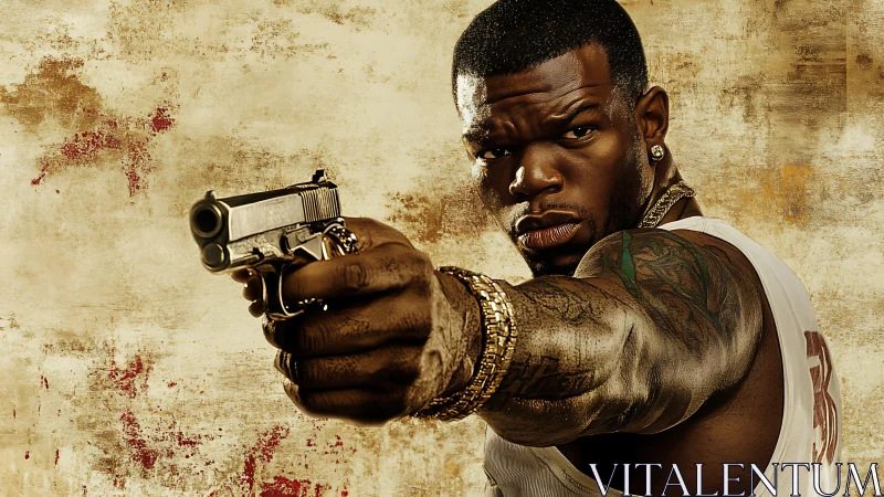 Man aiming handgun in close-up against textured wall background.