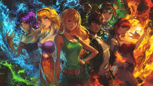 Elemental anime heroes framed by swirling colored flames.