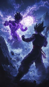 High-energy anime duel in storm-lit canyon with violet aura fields